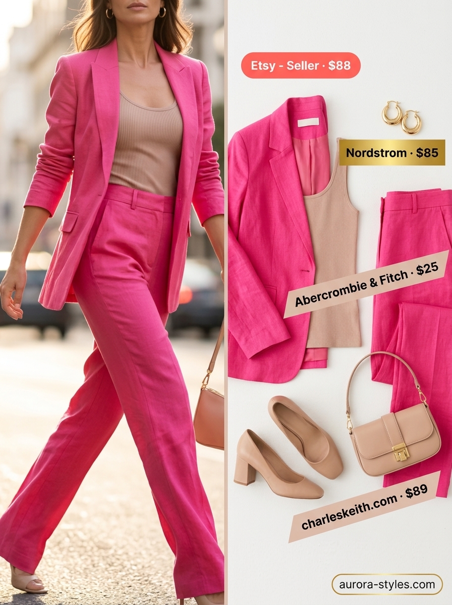 Classy summer outfits for women 2026: Hot pink linen set, white tank, nude mules for monochromatic power.