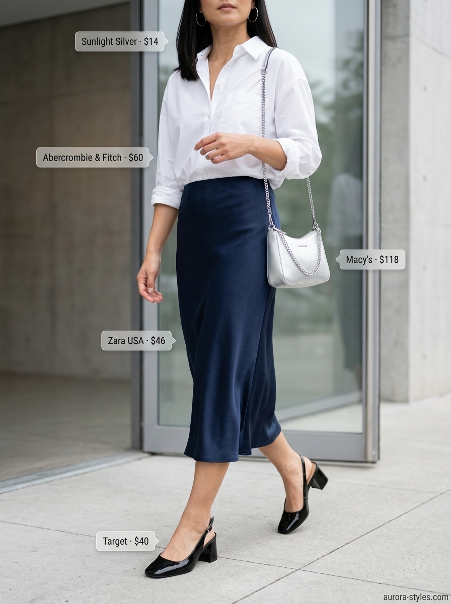 Classy summer outfits for women 2026: Navy A-line skirt, white button-down, and slingbacks for office chic.