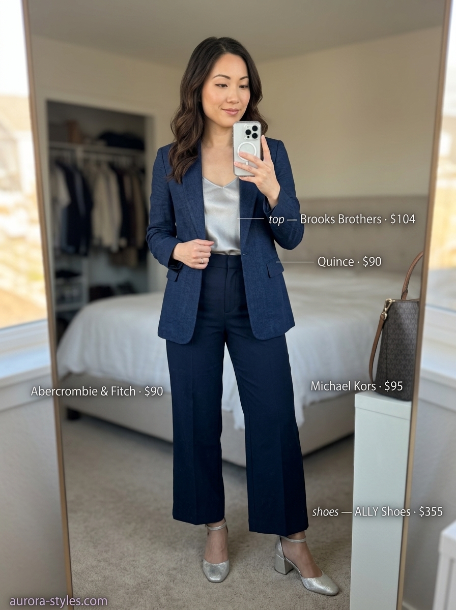 Classy summer outfits for women 2026: Navy wide-leg trousers, silk cami, linen blazer, and block heels for office.