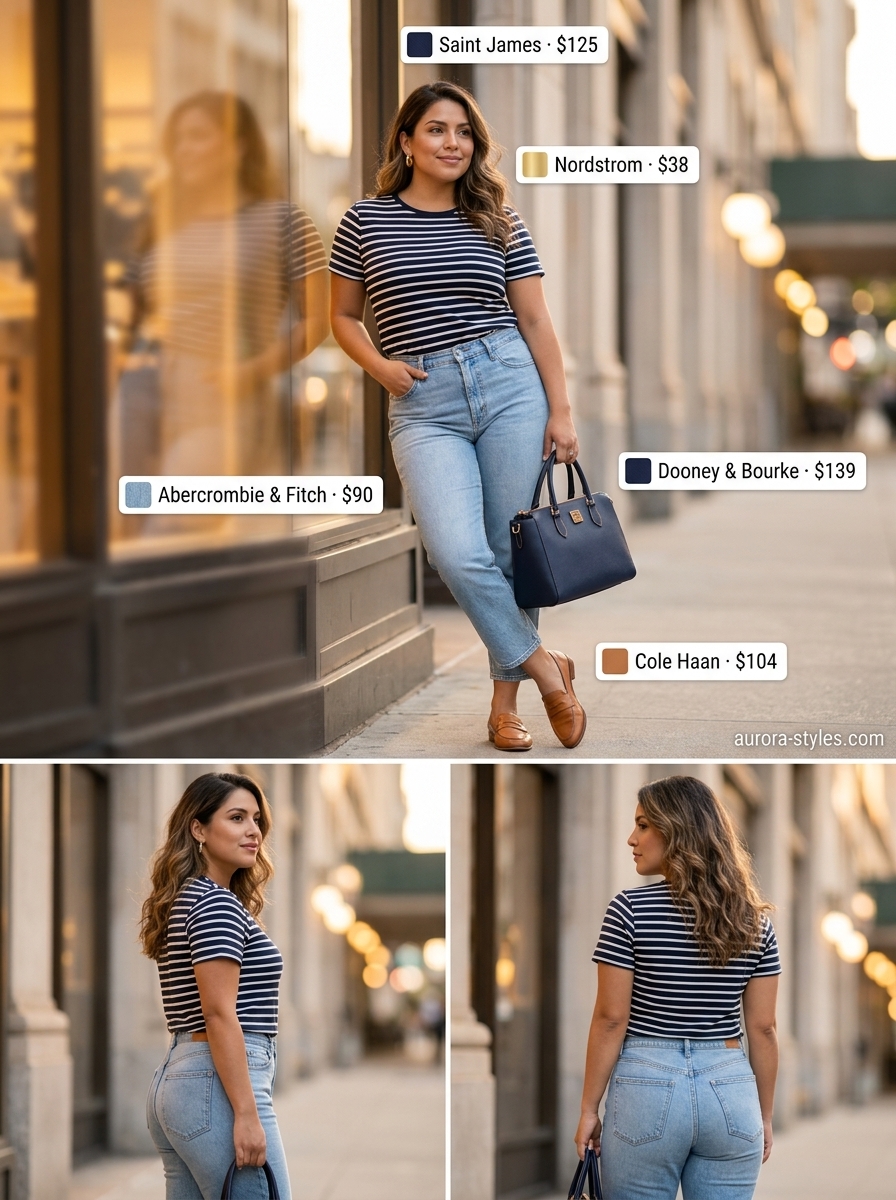 Classy summer outfits for women 2026: White jeans, navy stripe top, khaki loafers for polished weekend casual style.