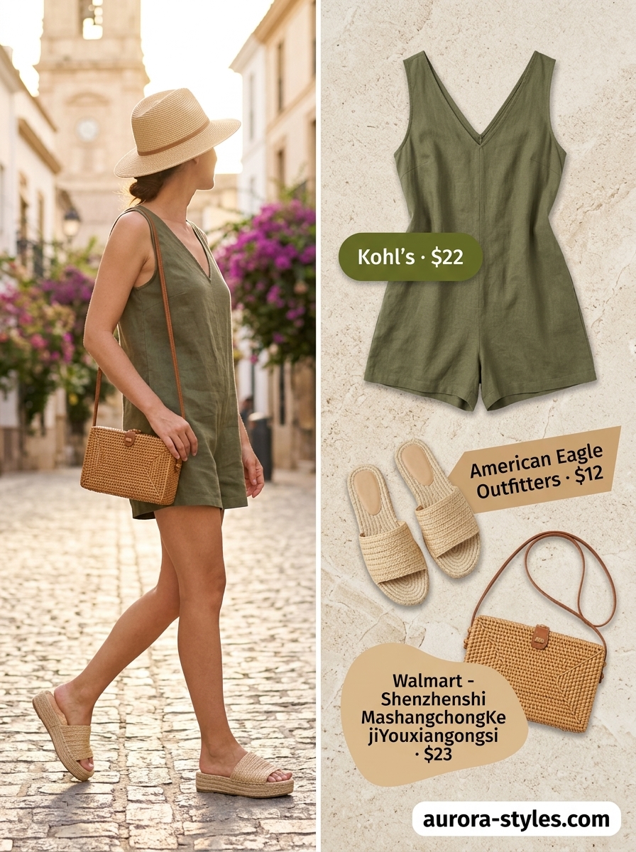 Classy summer outfits for women 2026: Olive green romper, straw bag, raffia sandals for resort ready style.