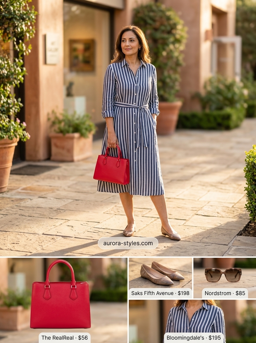 Riviera Chic Sightseeing outfit: Navy shirt dress, white flats, cherry red bag, sunglasses. Classy summer outfits for women 2026.