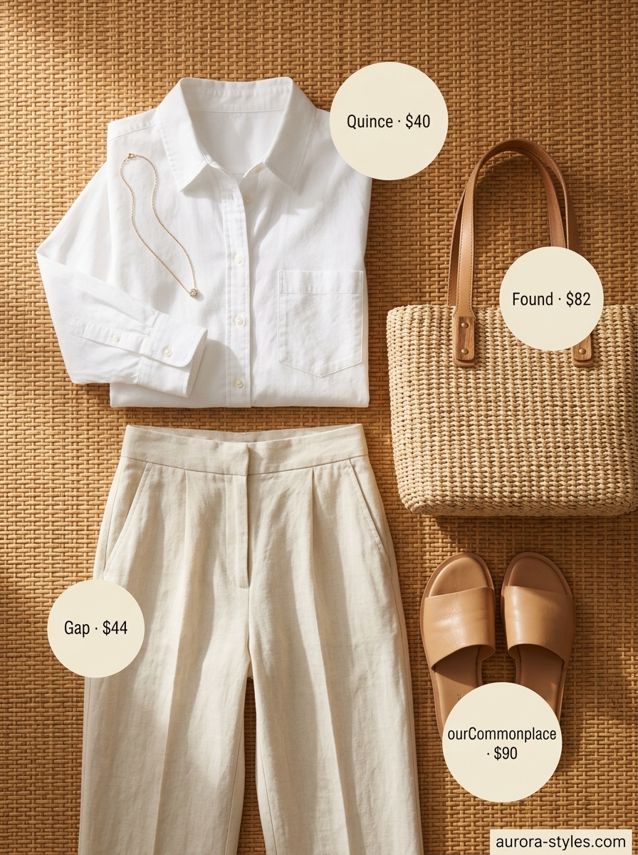 Riviera Retreat Chic outfit: Cream linen pants, sky blue shirt, straw tote, flat sandals. Classy summer outfits for women 2026.