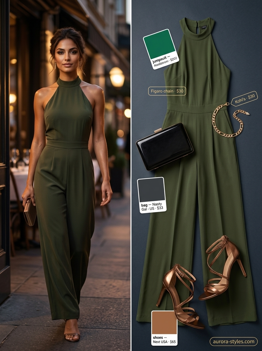 Summer Evening Allure outfit: Olive green jumpsuit, bronze heels, black clutch. Classy summer outfits for women 2026.