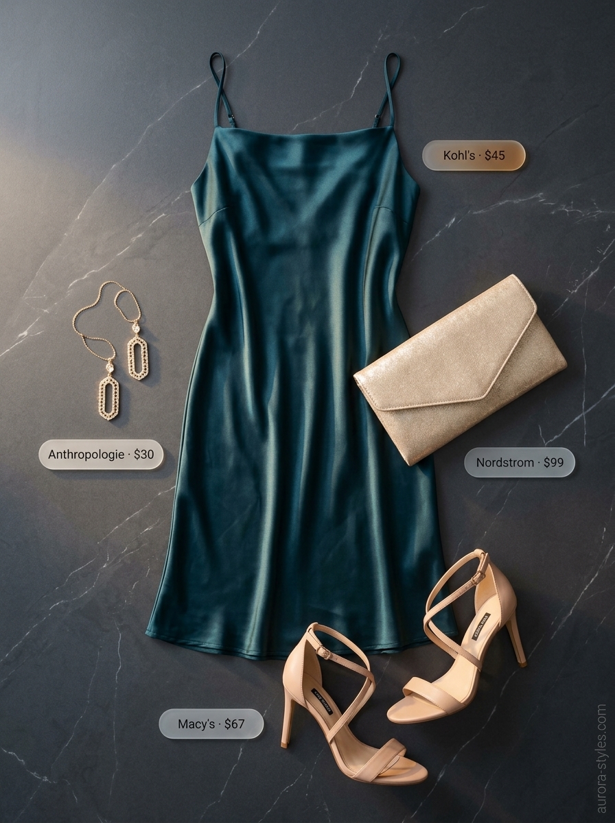 Classy summer outfits for women 2026: Deep teal satin midi dress, gold statement earrings, heels, and clutch for a wedding guest.