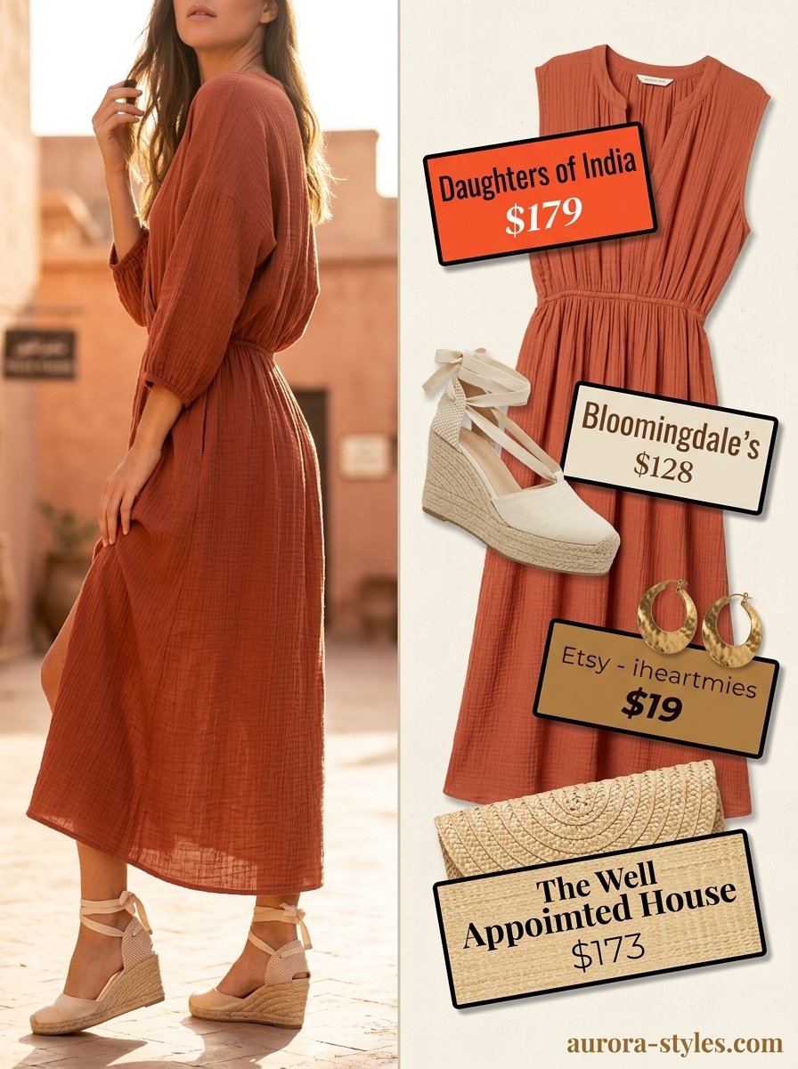 Classy summer outfits for women 2026: Terracotta maxi dress, espadrilles, straw clutch, and bronze earrings.
