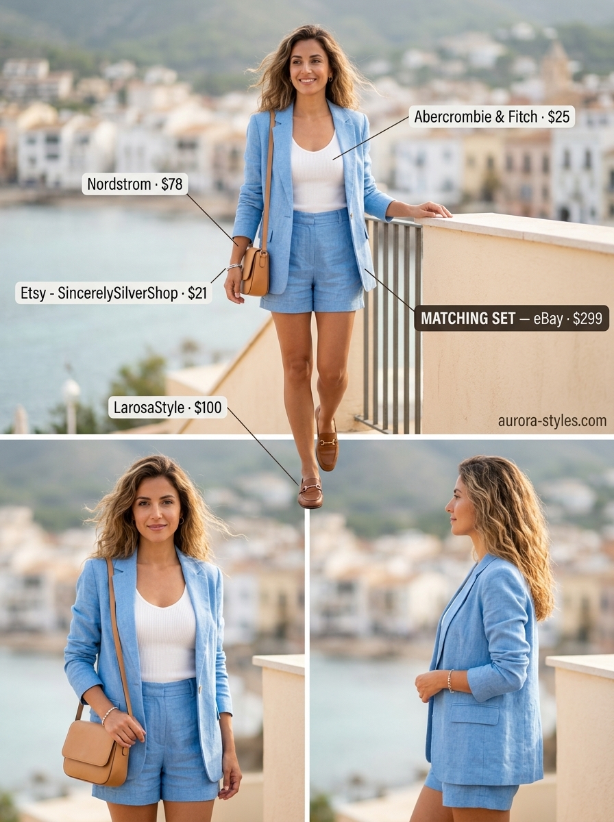 Classy summer outfits for women 2026: Sky blue linen set, white tank, tan loafers for weekend getaway prep.