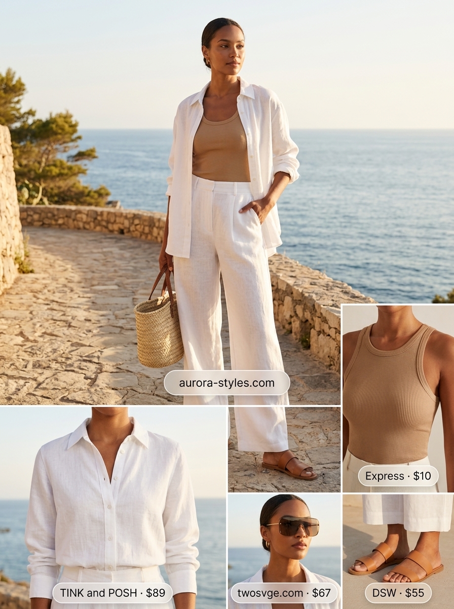 Classy summer outfits for women 2026: Crisp white linen set, ribbed tank, straw tote, and flat sandals for resort wear.