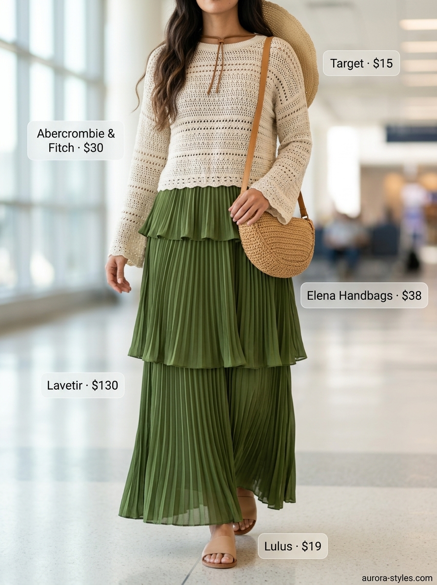Comfy airport outfits summer for women 2026: Olive green maxi dress, cardigan, straw hat, and crossbody bag.
