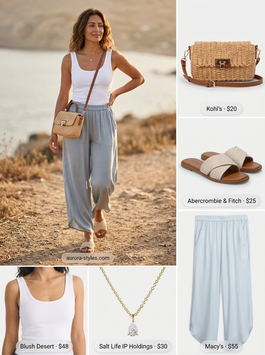 Comfy cotton summer outfits for women 2026: Powder blue gauze pants with white tank for seaside lounge.