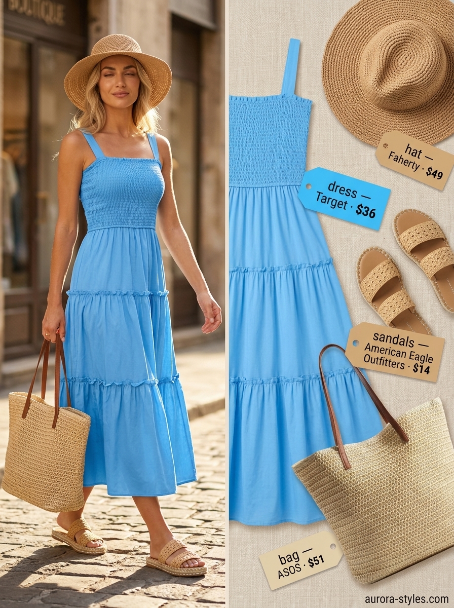 Comfy cotton summer outfits for women 2026: Sky blue maxi dress with straw tote for beach getaway.