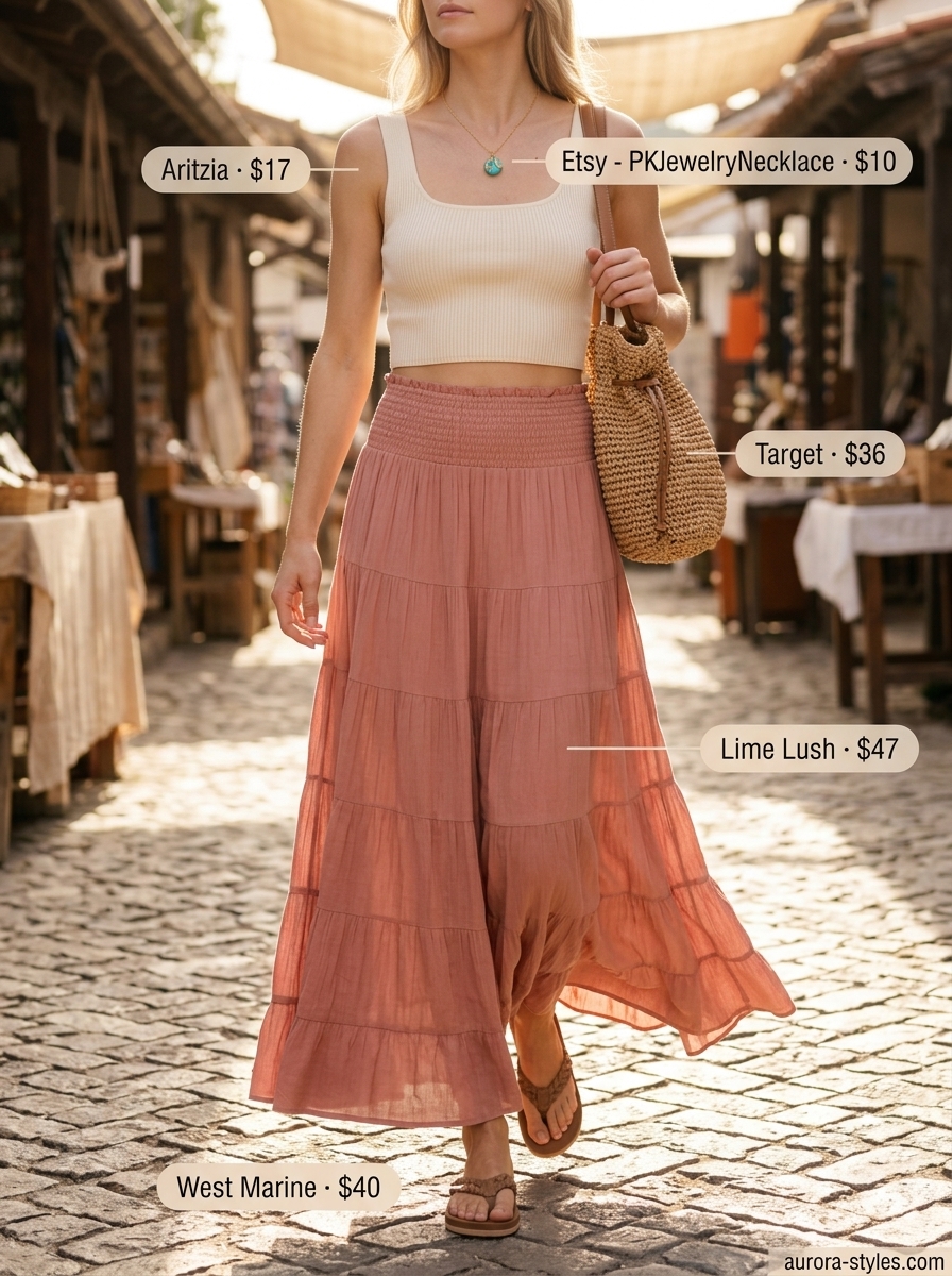Comfy cotton summer outfits for women 2026: Dusty rose maxi skirt with cream crop top for boho market days.