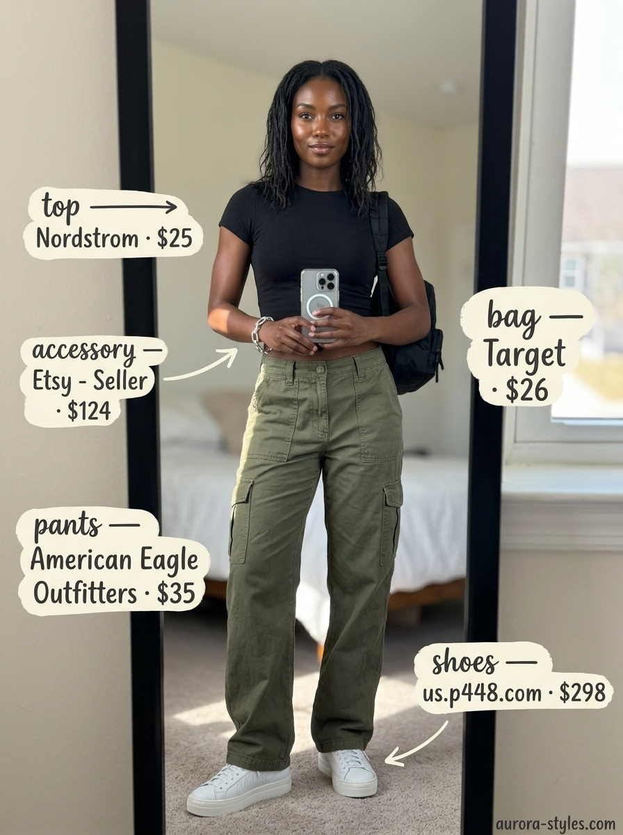 Comfy cotton summer outfits for women 2026: Olive green cargo pants with cropped tee and sneakers for weekend errands.