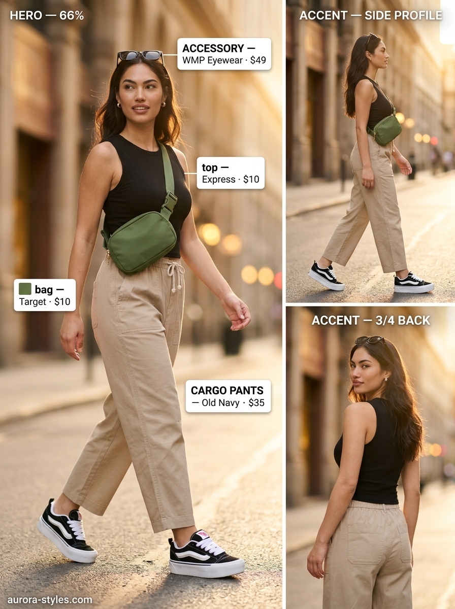 Comfy cotton summer outfits for women 2026: Stone beige cargo pants with green belt bag for safari chic.