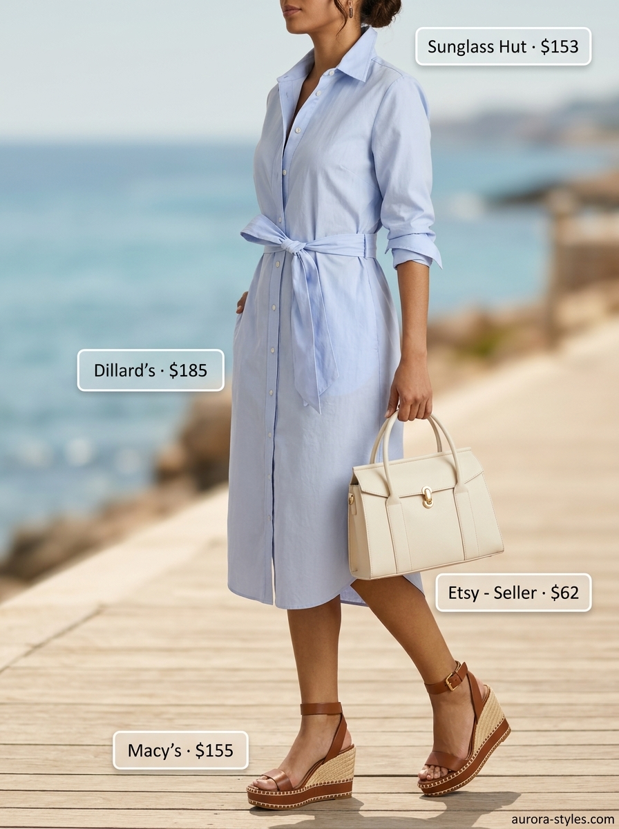 Comfy cotton summer outfits for women 2026: Sky blue cotton midi shirt dress with espadrille wedges for coastal brunch.