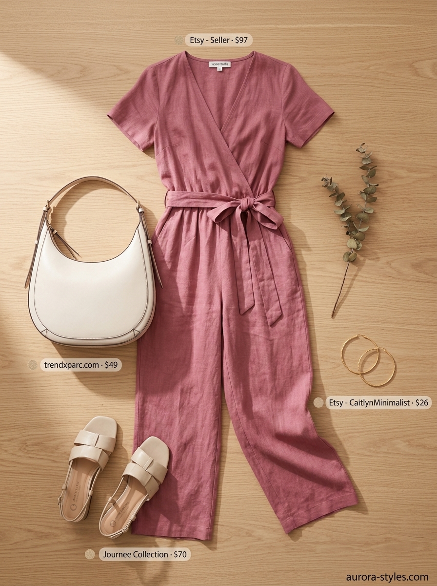 Comfy cotton summer outfits for women 2026: Dusty rose cotton-linen jumpsuit with block heels for garden brunch.