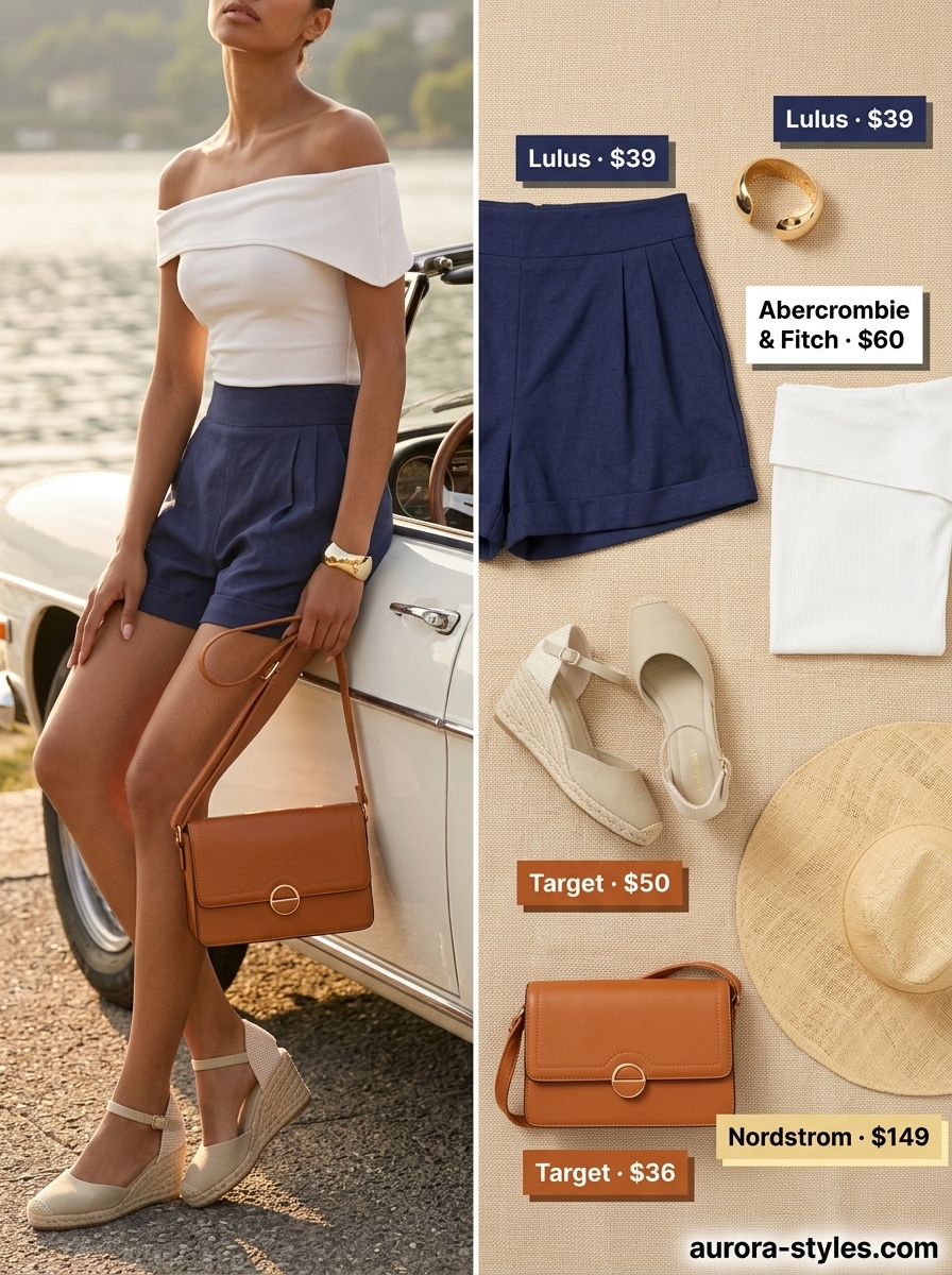 Comfy cotton summer outfits for women 2026: Navy cotton shorts with white oversized shirt for lakeside lunch. Breezy & refined.