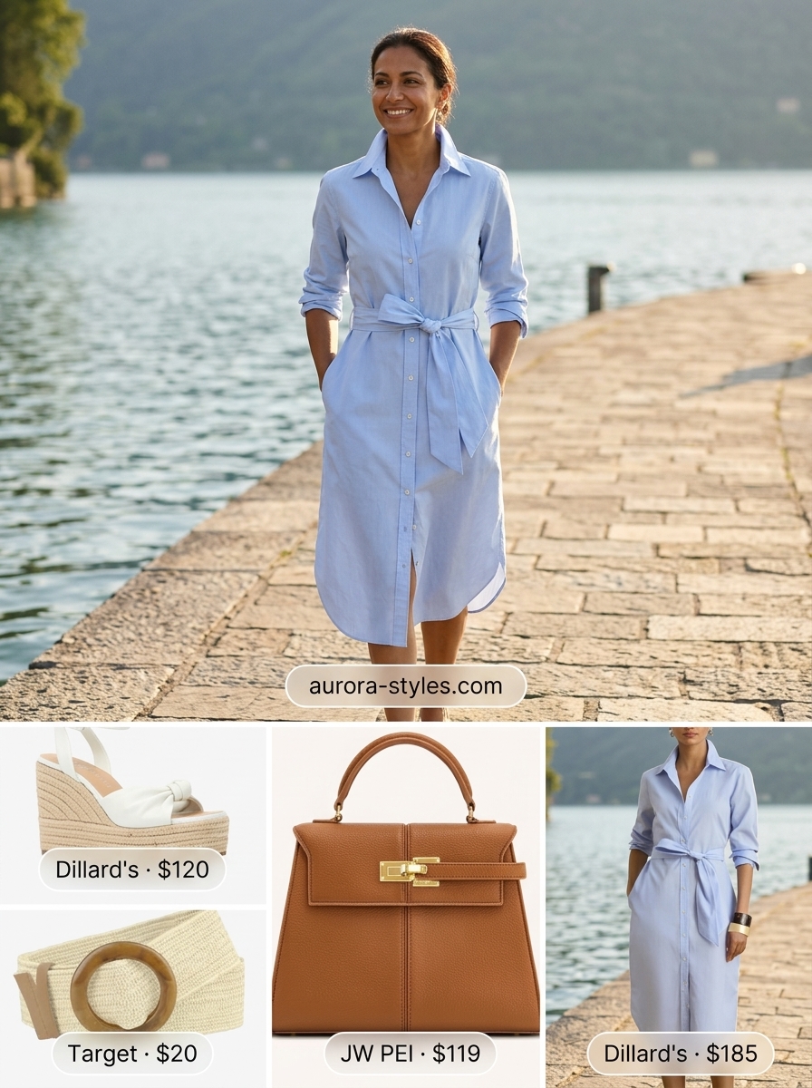 Comfy cotton summer outfits for women 2026: Light blue cotton shirt dress with espadrille wedges for lakeside lunch.