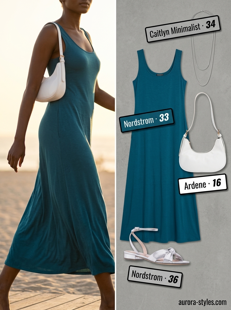 Comfy cotton summer outfits for women 2026: Deep teal cotton maxi dress with metallic sandals for evening flow.