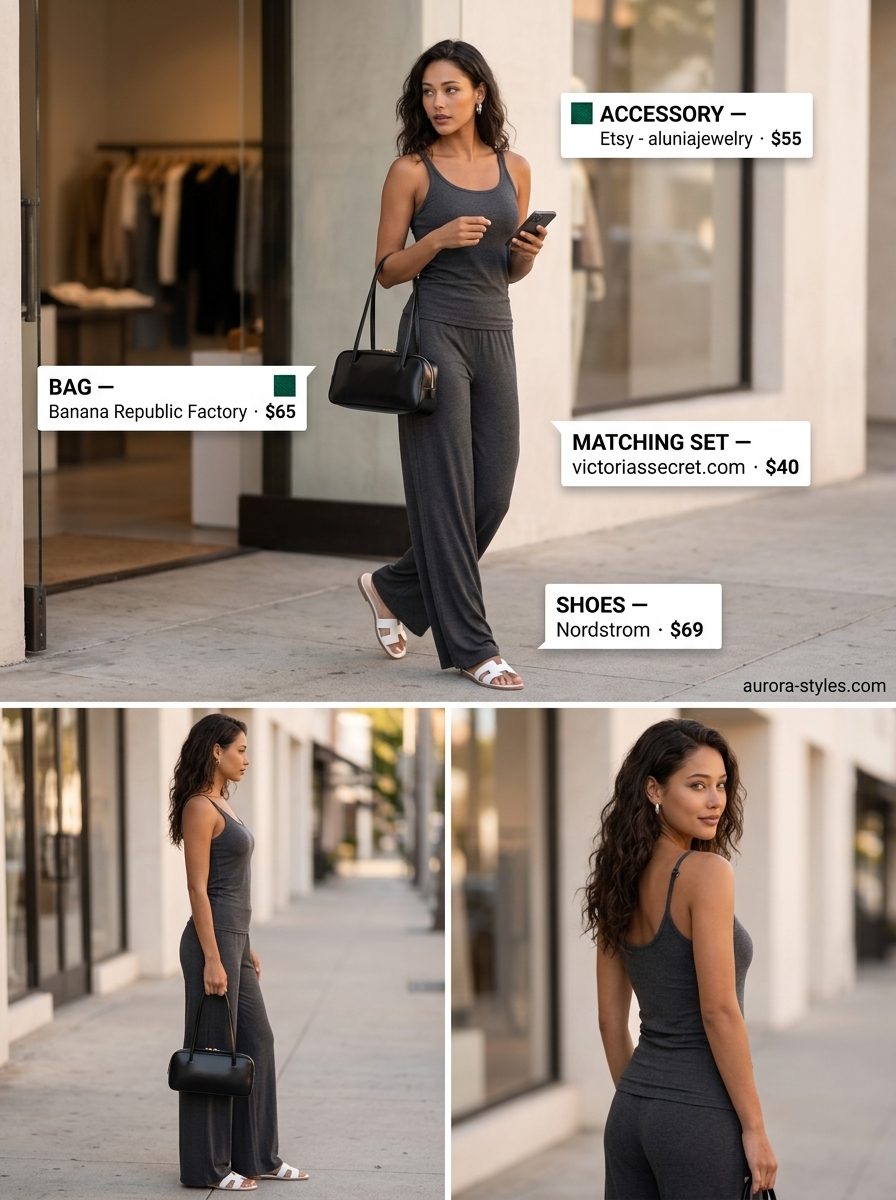 Comfy cotton summer outfits for women 2026: Monochrome charcoal grey knit matching set for cozy home lounging or coffee dates.