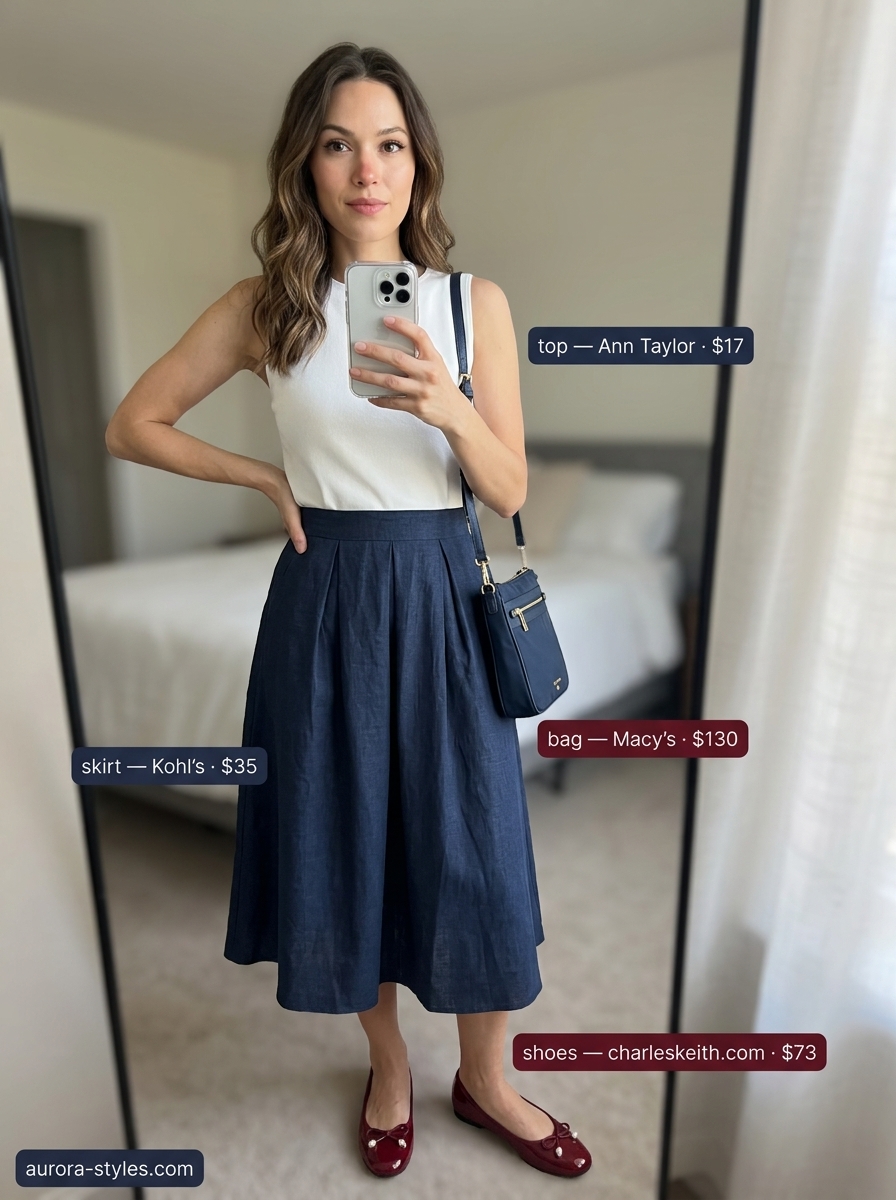 Comfy cotton summer outfits for women 2026: Navy cotton midi skirt with white knit top for Parisian cafe style. Chic & elegant.