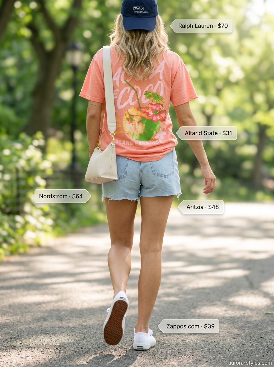 Comfy cotton summer outfits for women 2026: Coral graphic tee with denim shorts and sneakers for a park day.