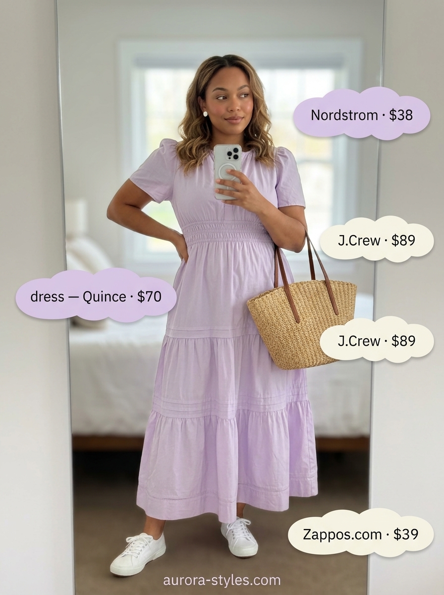 Comfy cotton summer outfits for women 2026: Pastel lavender cotton sundress with canvas sneakers for a picnic.