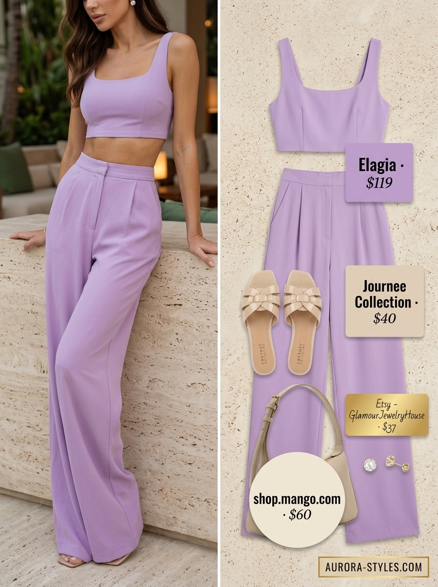 Comfy cotton summer outfits for women 2026: Soft lavender knit set with cream bag and nude sandals for resort evening.