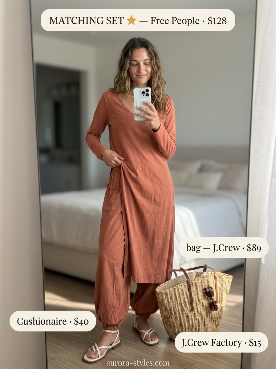 Comfy cotton summer outfits for women 2026: Terracotta knit matching set for resort lounge day. Includes oversized shirt & wide-leg pants.