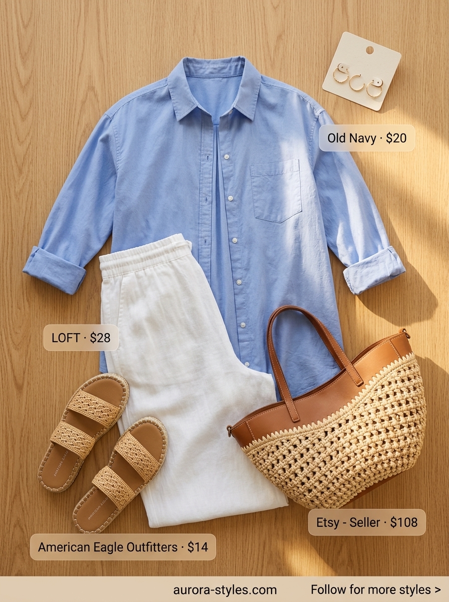 Comfy cotton summer outfits for women 2026: White wide-leg trousers with sky blue oversized shirt for sunny market days.