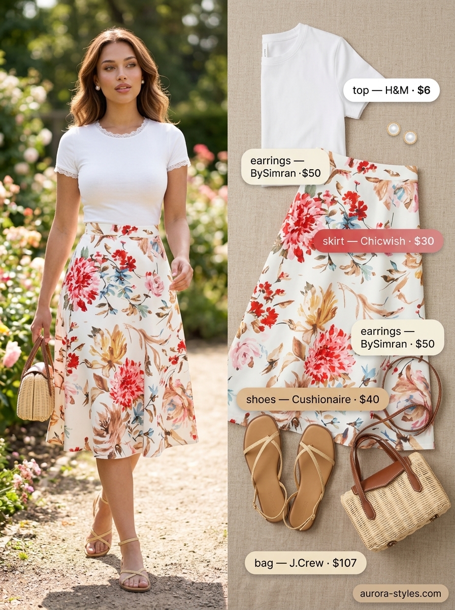 Comfy cotton summer outfits for women 2026: Blush pink floral cotton midi skirt with white tee for garden party vibes.