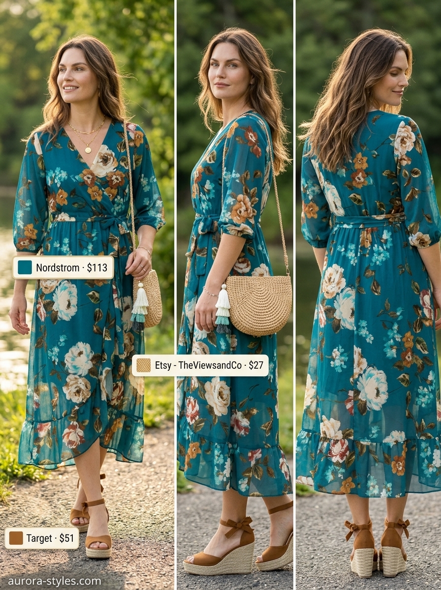 Comfy cotton summer outfits for women 2026: Deep teal wrap dress with espadrilles for bohemian retreat.