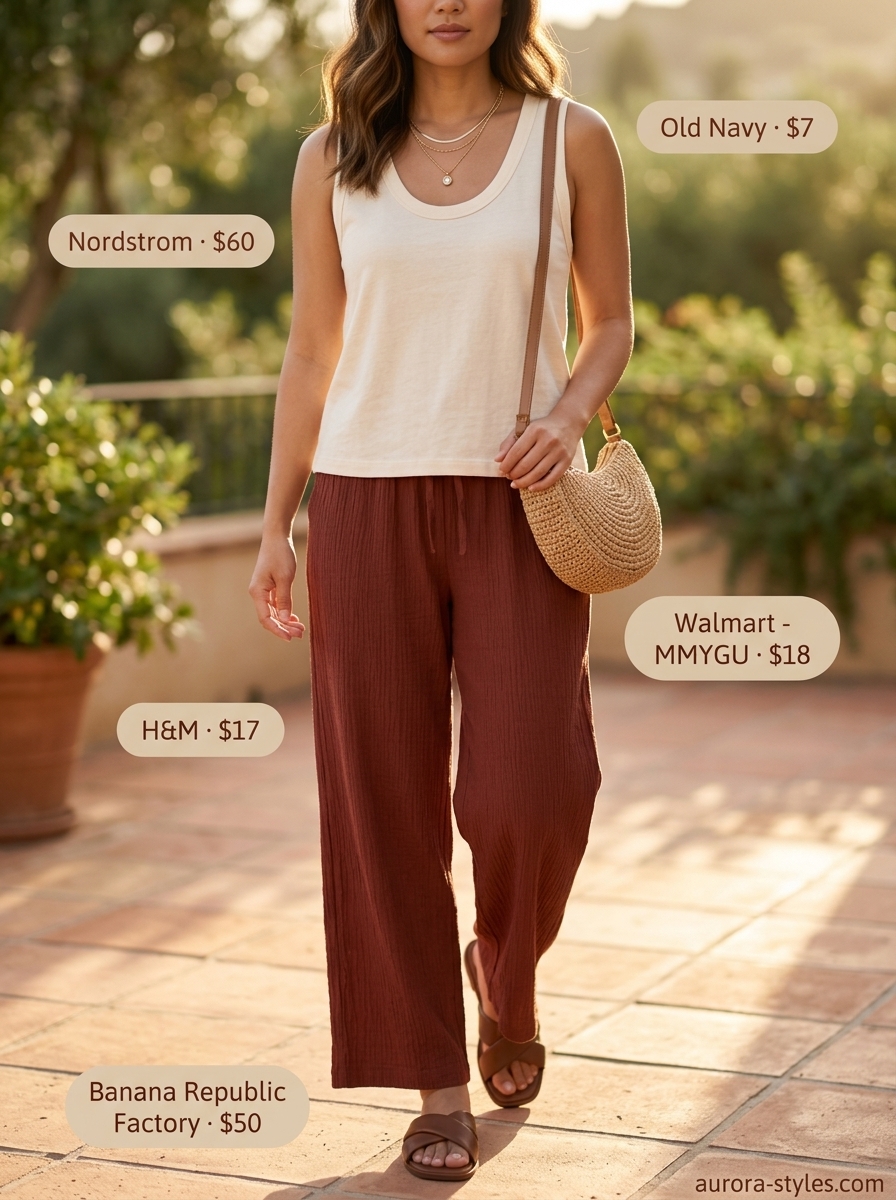 Comfy cotton summer outfits for women 2026: Terracotta gauze pants with cream tank and straw bag for casual evenings.