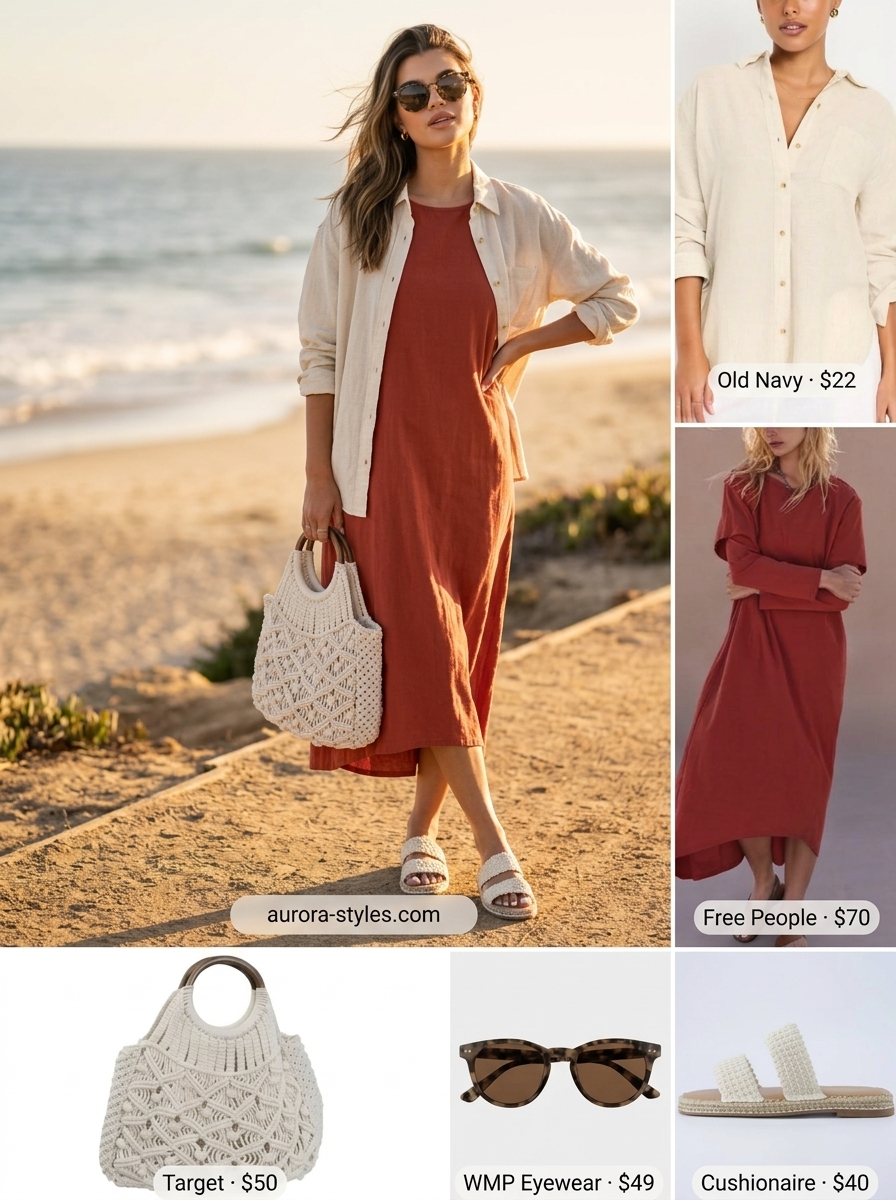 Comfy cotton summer outfits for women 2026: Terracotta t-shirt dress with espadrilles and oversized shirt for beach evening.