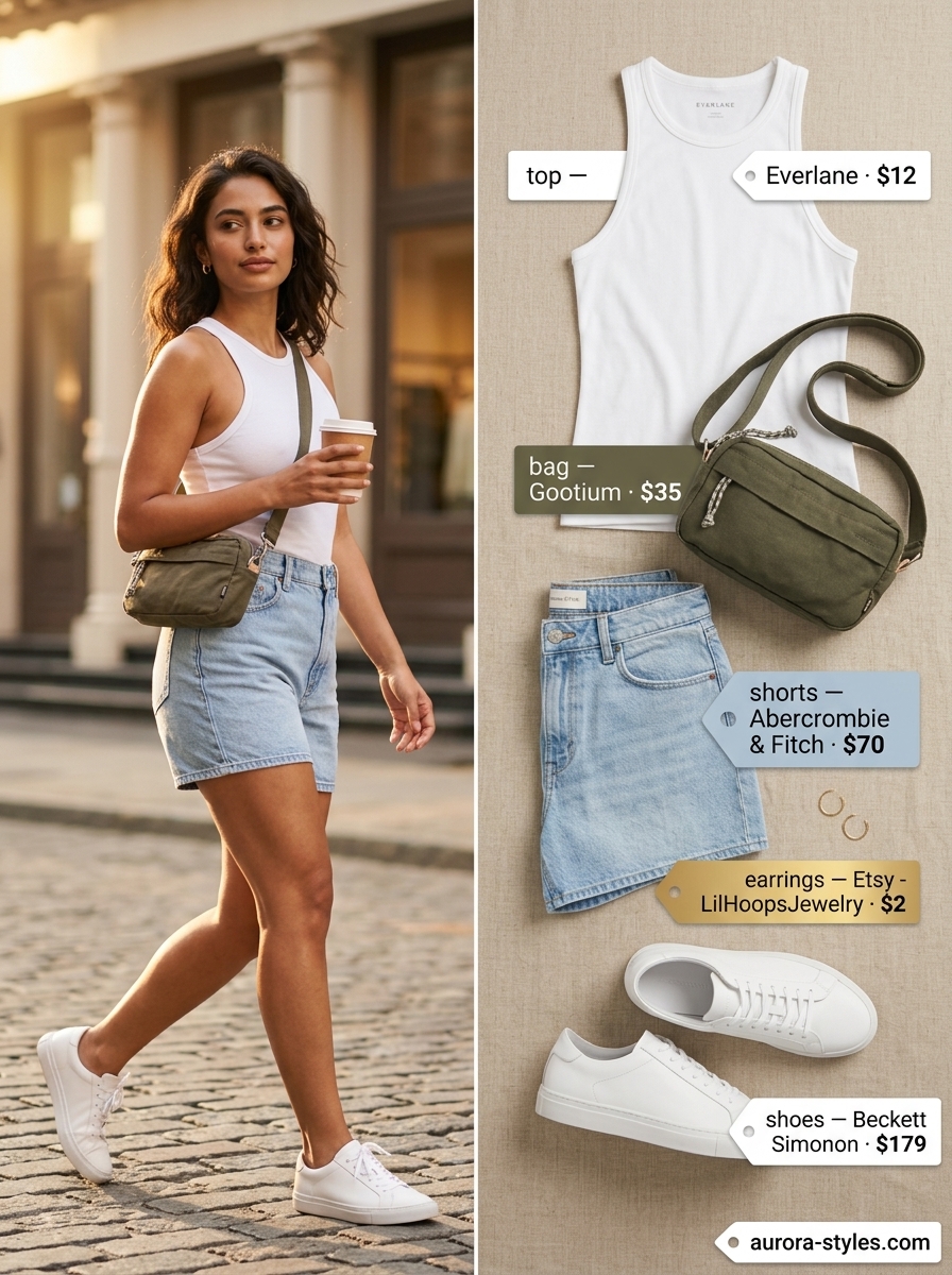 Comfy cotton summer outfits for women 2026: Olive green tank with denim shorts for urban explorer style. Comfortable & stylish.
