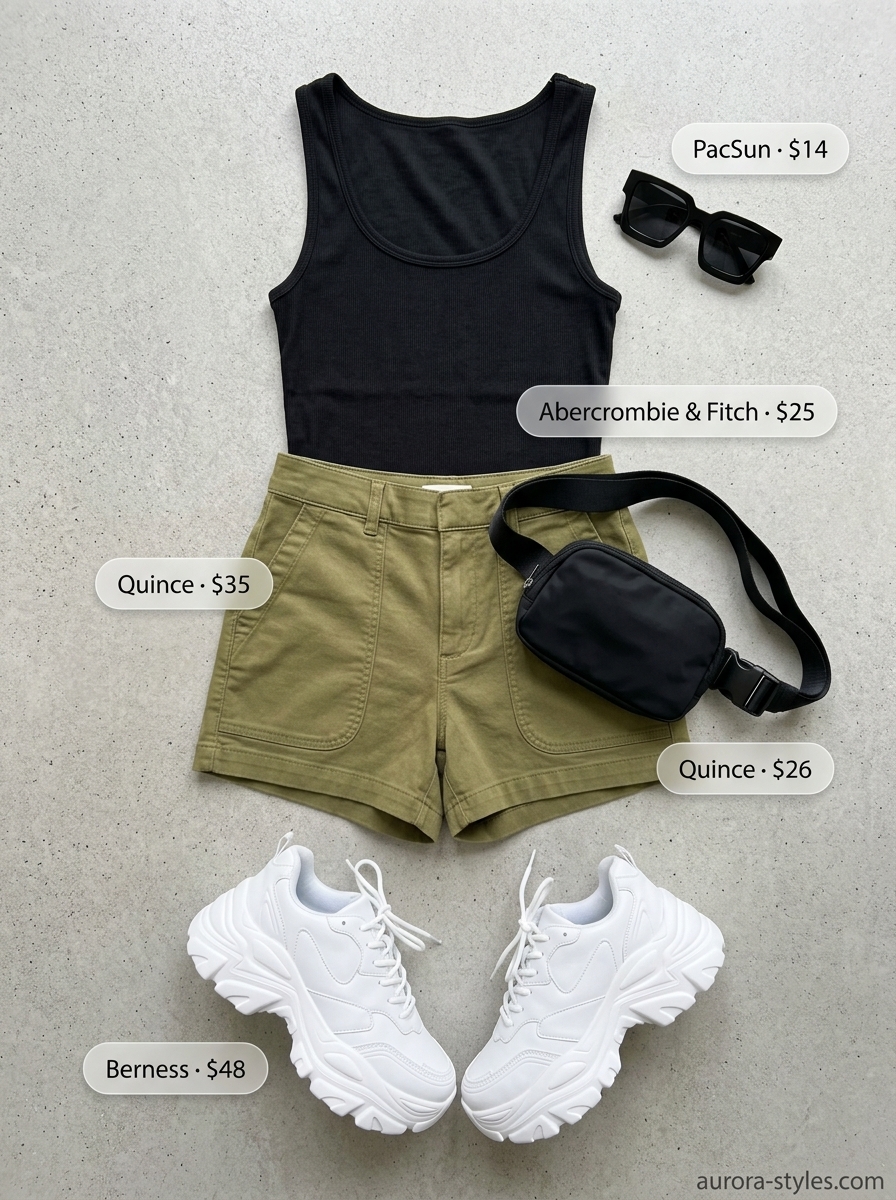 Comfy cotton summer outfits for women 2026: Khaki utility shorts with black tank for urban safari.