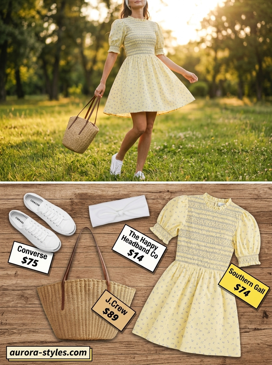 Comfy cotton summer outfits for women 2026: Daisy yellow sundress with straw basket bag for picnic.