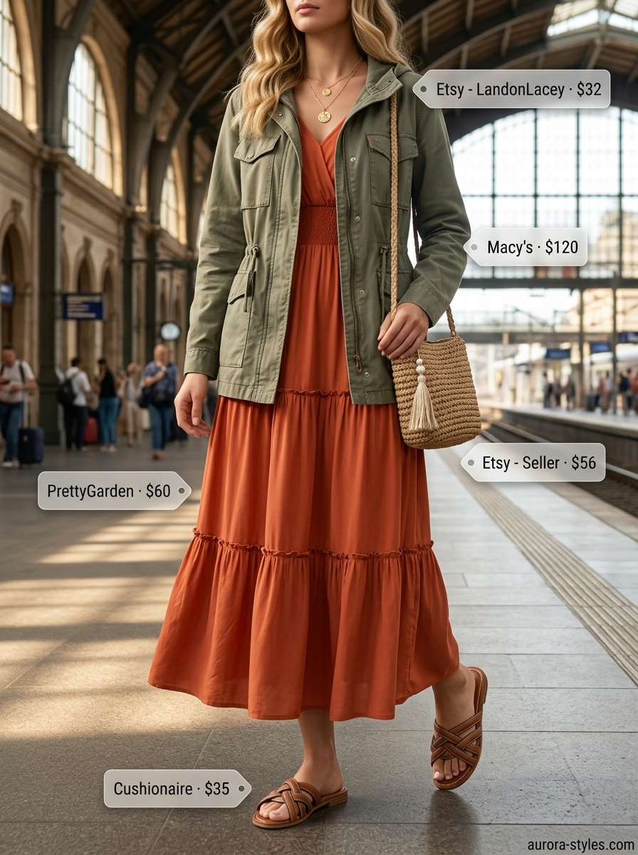 Comfy Summer Road Trip Outfits 2026: Boho Oasis Style Comfy summer road trip outfits for women 2026: Terracotta maxi dress, olive jacket, tan slides, and straw bag.