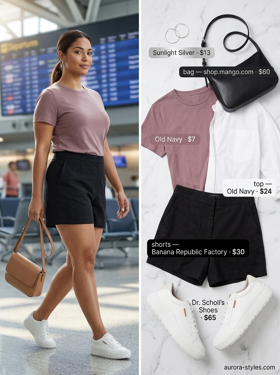Comfy Summer Road Trip Outfits 2026: City Chic Comfy summer road trip outfits for women 2026: Black linen shorts, white oversized shirt, silver hoops, white sneakers.
