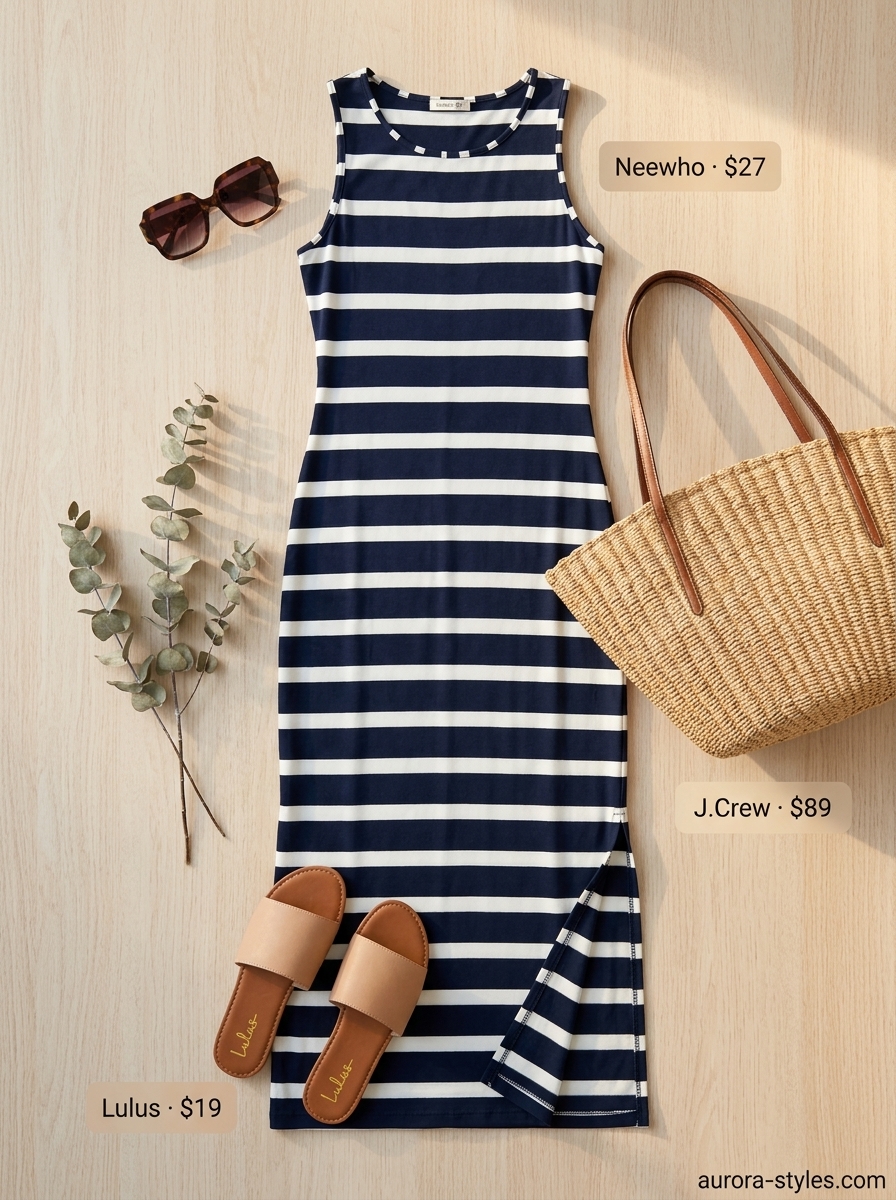 Comfy Summer Road Trip Outfits 2026: Coastal Maxi Dress Comfy summer road trip outfits for women 2026: Striped maxi dress, straw tote, tan slides, and sunglasses.