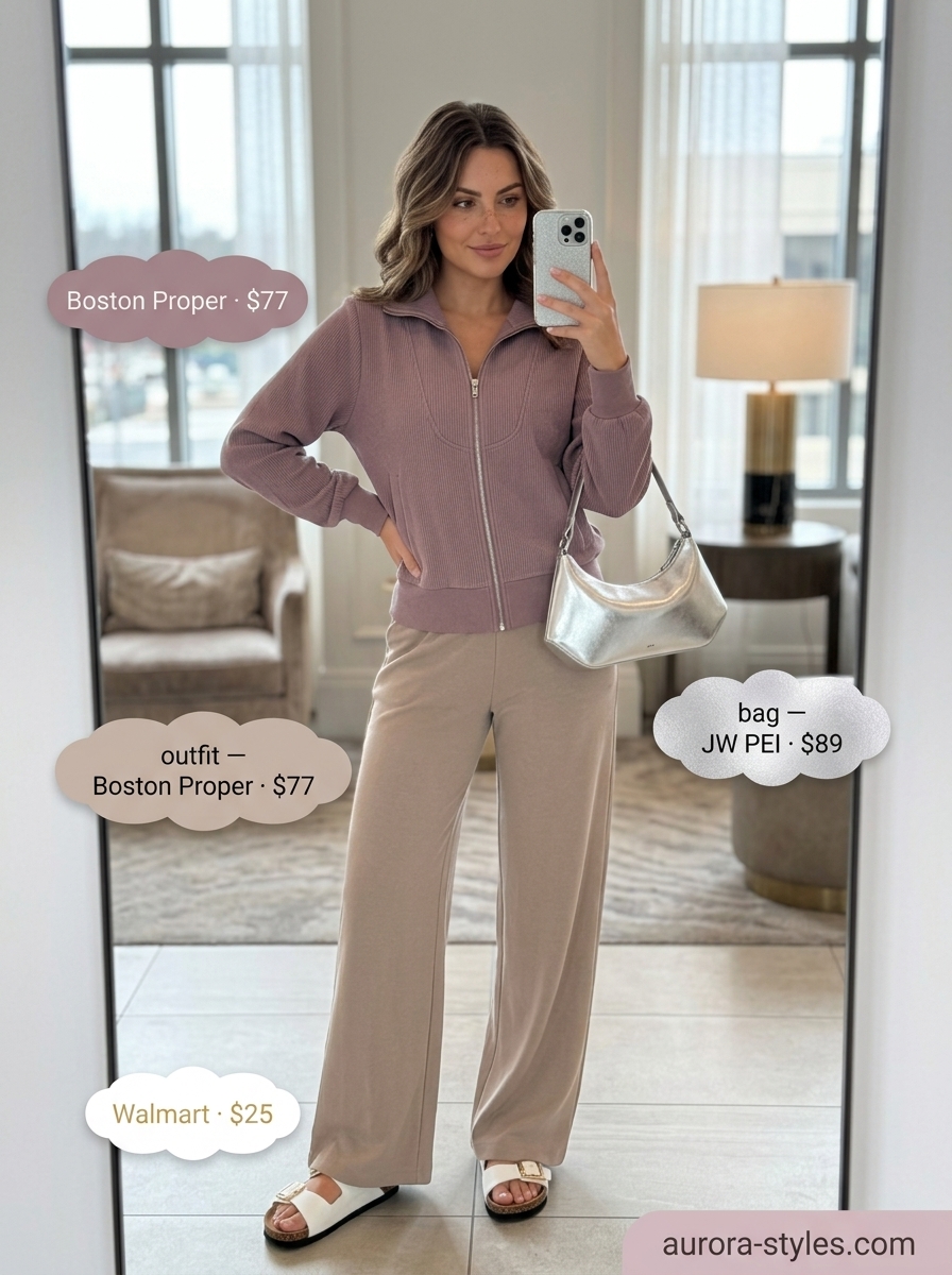 Comfy Summer Road Trip Outfits 2026: Cozy Matching Set Comfy summer road trip outfits for women 2026: Grey matching set, silver bag, and white slides.