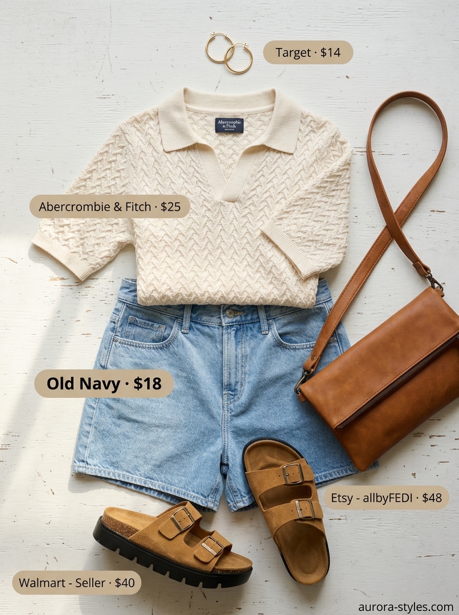 Comfy Summer Road Trip Outfits 2026: Denim Shorts Style Comfy summer road trip outfits for women 2026: Denim shorts, cream polo, tan sandals, and crossbody bag.