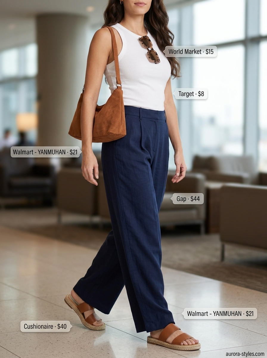 Comfy Summer Road Trip Outfits 2026: Breezy Pants Comfy summer road trip outfits for women 2026: Navy linen pants, white ribbed tank, cognac espadrilles, cognac hobo bag.