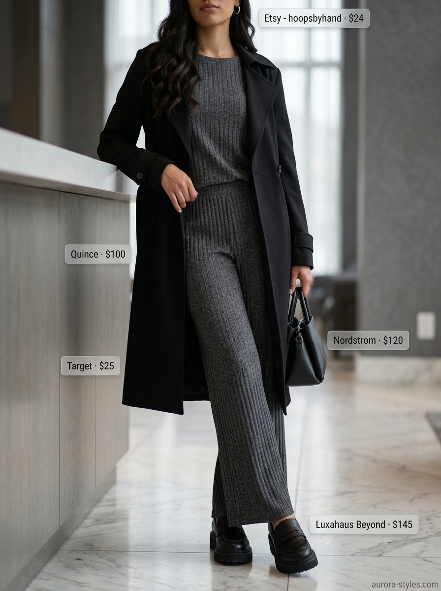 Comfy Summer Road Trip Outfits 2026: Minimalist Travel Comfy summer road trip outfits for women 2026: Charcoal grey knit lounge set, black trench coat, black loafers, silver earrings.