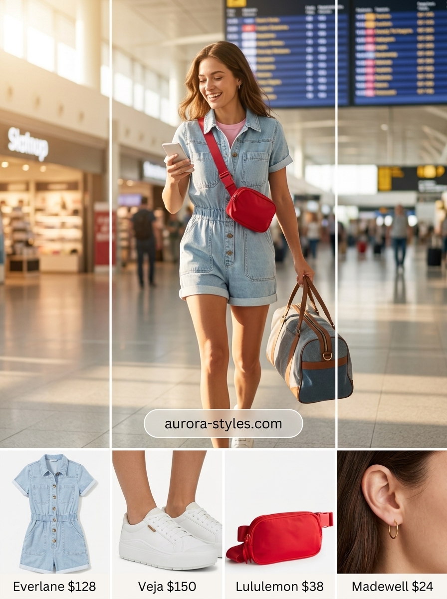 Comfy summer road trip outfits for women 2026: Denim romper, white sneakers, red belt bag, and gold hoops.