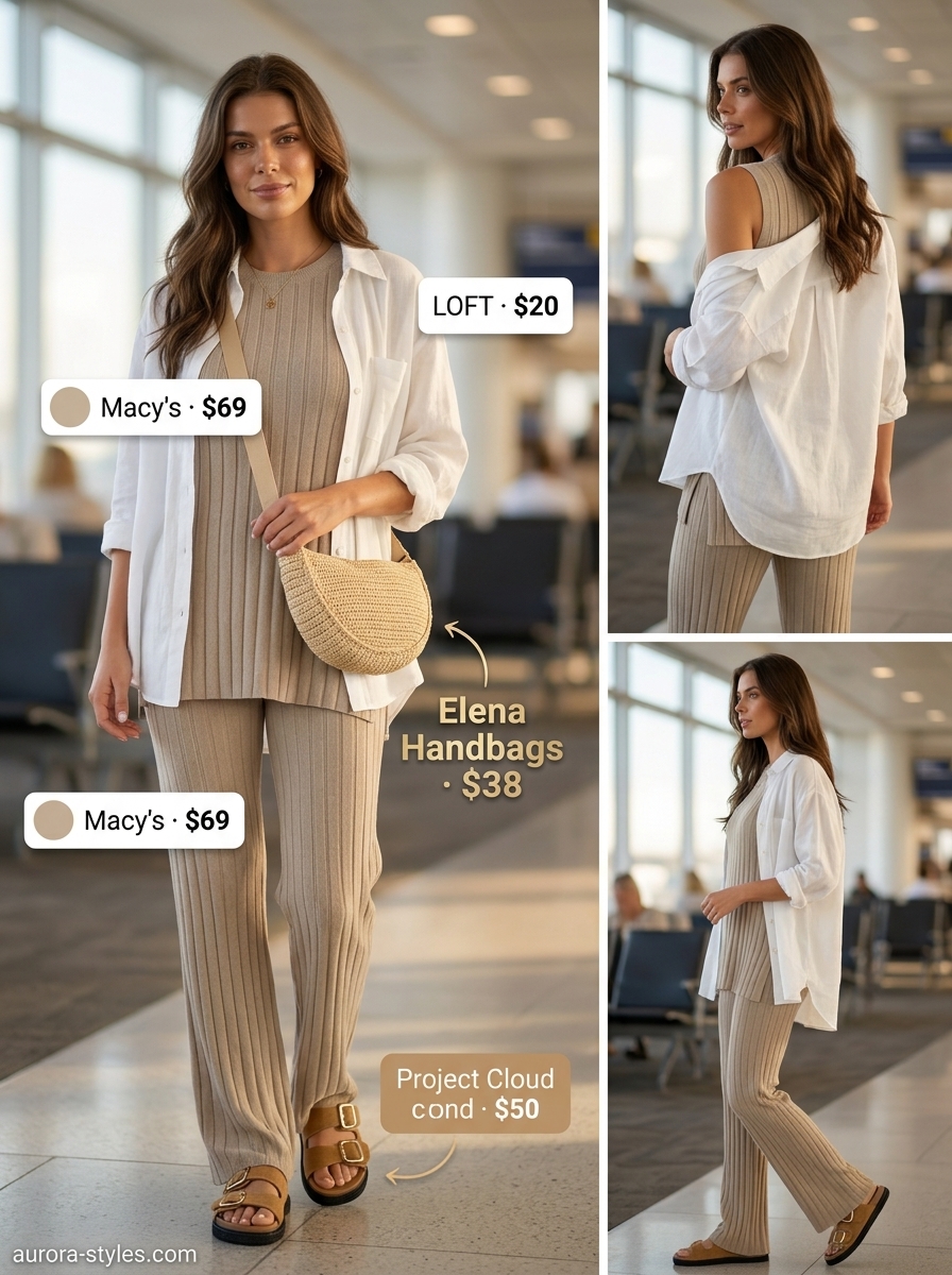 Comfy Summer Road Trip Outfits 2026: Matching Set Comfy summer road trip outfits for women 2026: Oatmeal knit set, white linen shirt worn open, tan slides, tan crossbody bag.