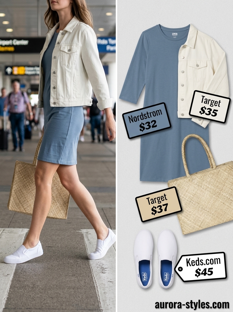 Comfy Summer Road Trip Outfits 2026: Scenic Route Style Comfy summer road trip outfits for women 2026: Blue t-shirt dress, white sneakers, straw tote, and denim jacket.