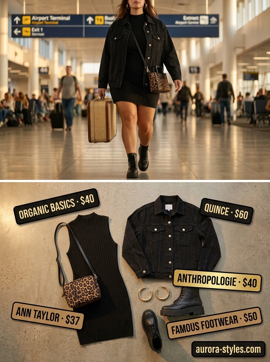 Comfy Summer Road Trip Outfits 2026: Urban Nomad Style Comfy summer road trip outfits for women 2026: Black mini dress, denim jacket, combat boots, leopard bag.