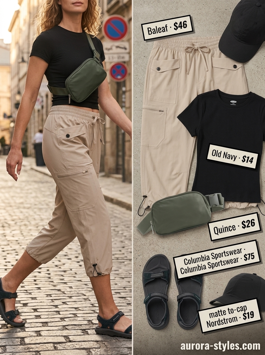 Comfy Summer Road Trip Outfits 2026: Explorer Style Comfy summer road trip outfits for women 2026: Khaki cargo capris, green jacket, hiking sandals, and belt bag.
