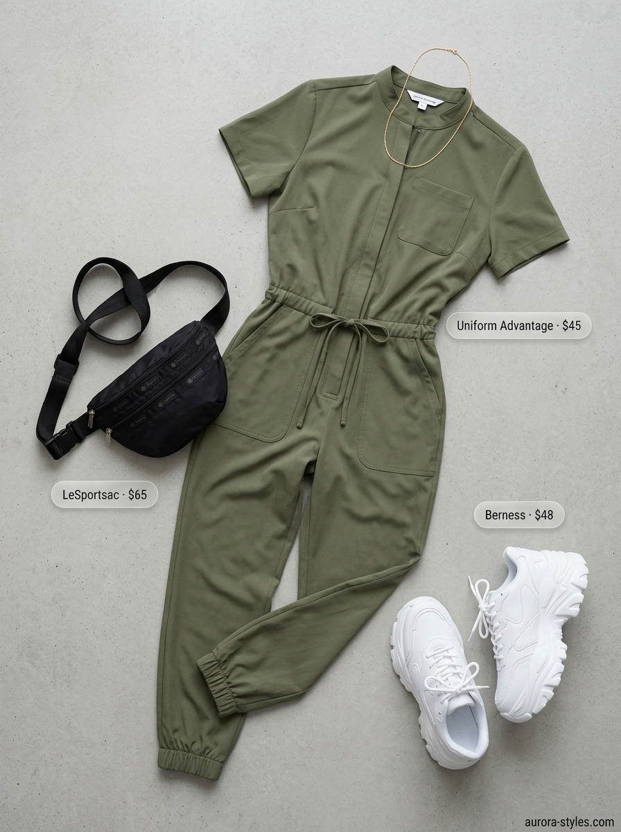 Comfy Summer Road Trip Outfits 2026: Utility Jumpsuit Comfy summer road trip outfits for women 2026: Olive jumpsuit, white sneakers, belt bag, and gold necklace.